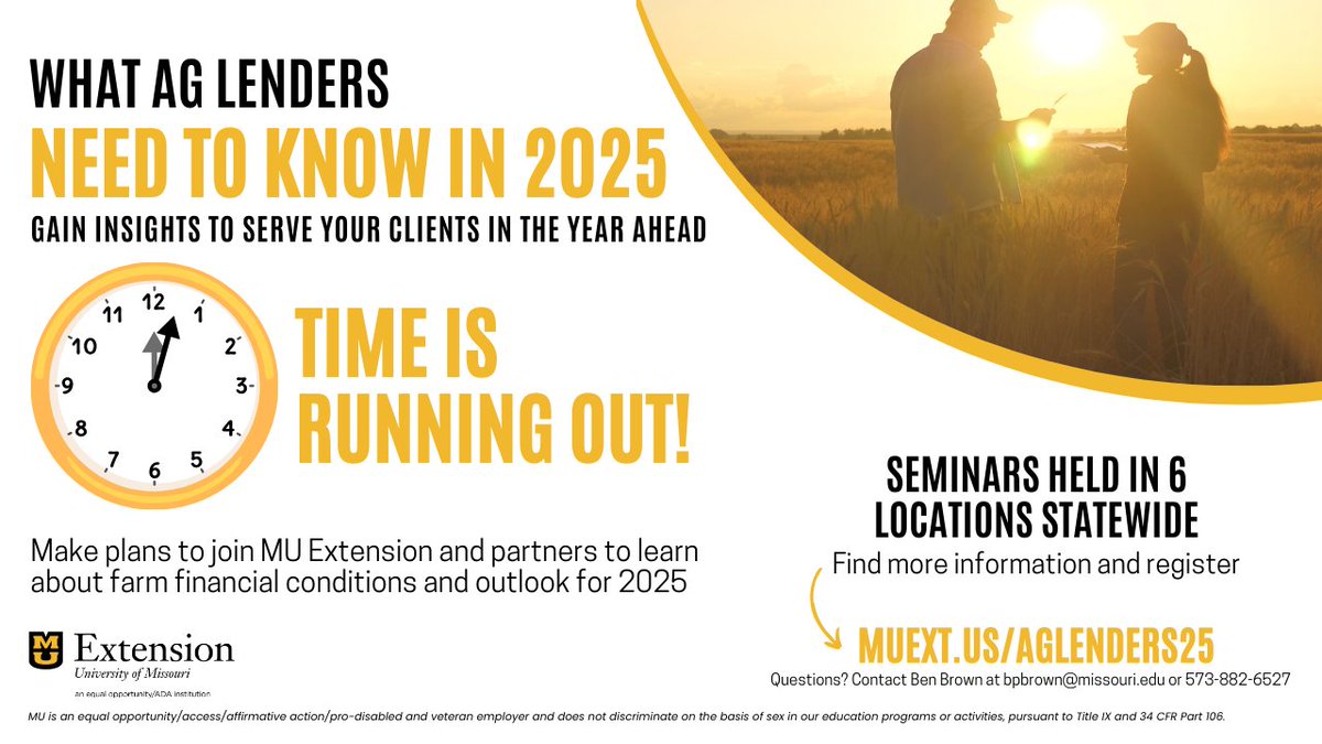 FAPRI-MU (@fapri_mu) on Twitter photo ⏰TIME IS RUNNING OUT! ⏰
Don’t miss out on the chance to attend a ‘What Ag Lenders Need to Know in 2025’ seminar at a location near you! New and seasoned ag lenders are welcome to attend this <a href="/MUExtension/">MU Extension</a> series.
Don’t delay – register at muext.us/aglenders25
#ExtendMU ⏰TIME IS RUNNING OUT! ⏰
Don’t miss out on the chance to attend a ‘What Ag Lenders Need to Know in 2025’ seminar at a location near you! New and seasoned ag lenders are welcome to attend this <a href="/MUExtension/">MU Extension</a> series.
Don’t delay – register at muext.us/aglenders25
#ExtendMU