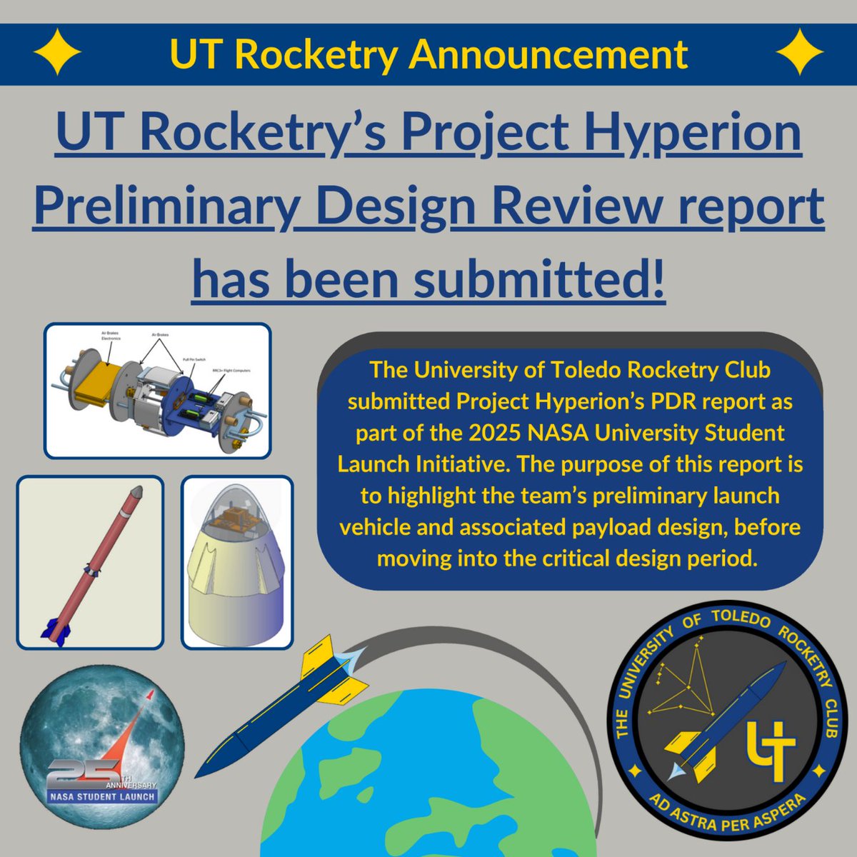 Project Hyperion Update 🚨 Our Preliminary Design Review report has been to NASA for the 2025 @StudentLaunch! UT Rocketry is so excited to present our preliminary launch vehicle and payload design to NASA within the next couple weeks. Go Rockets, Go Hyperion! 🚀