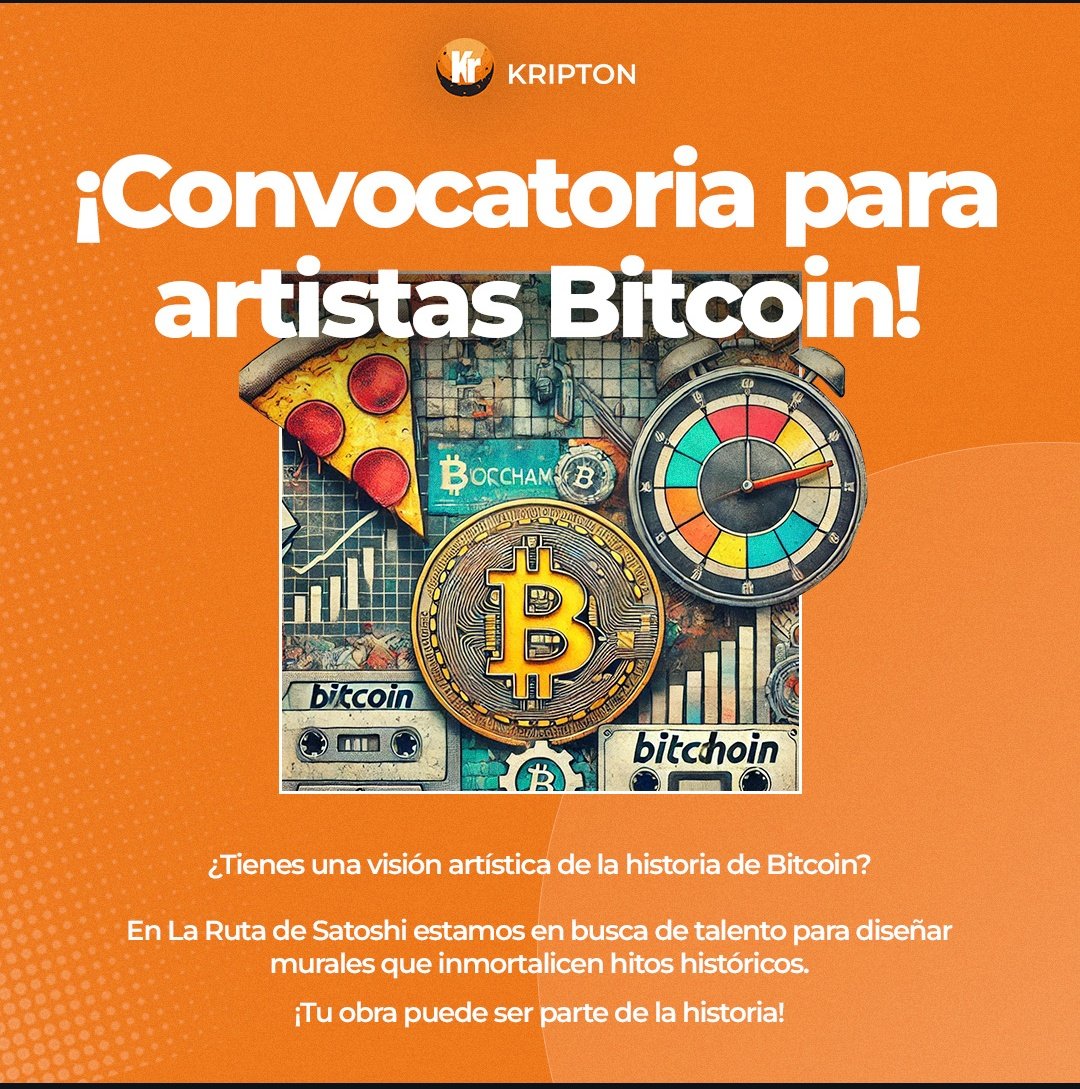 kripton_la's tweet photo. 🎨 ¡Atención artistas de #Bitcoin ! 🎨
En La Ruta de Satoshi estamos en busca de talento para diseñar 5 murales que inmortalicen momentos clave de nuestra historia: White Paper de Bitcoin, Bloque Génesis, Bitcoin Pizza Day, y el Halving.
¿Tienes una idea increíble? ¡Es tu momento de convertirla en arte! Envíanos tu propuesta y ayuda a construir un espacio icónico para la comunidad. 🚀 ¡Tu creatividad puede ser parte de esta ruta histórica en Buenos Aires 🔥!