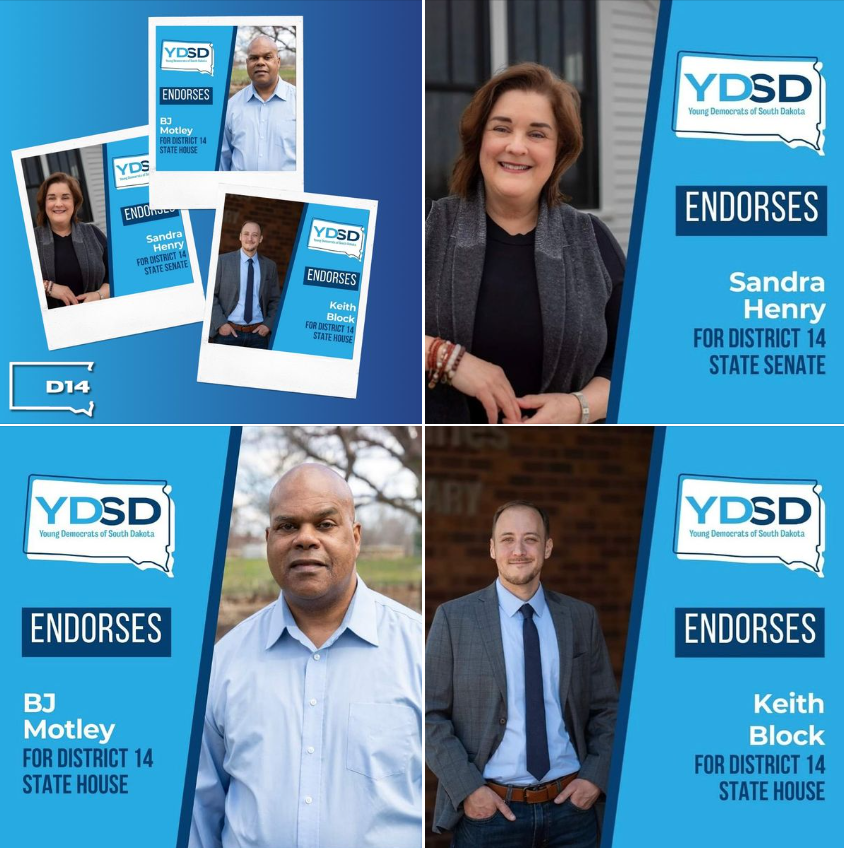 MinnehahaCoDems's tweet photo. Channel those pre-election jitters into meaningful action for the @SoDakD14Dems team. Hardworking Democratic candidates @KeithBlock, @MotleyforSD and @SandySiouxFalls represent a cross-section of labor, education &amp; health that's exactly what D14 &amp; South Dakotans need in Pierre. https://t.co/augeV2YcKC