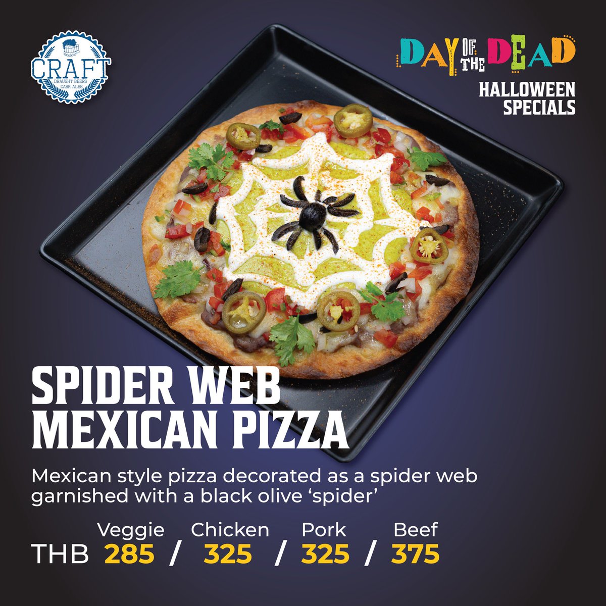 craftbkk's tweet photo. CRAFT's Halloween Specials! 🎃
🌮 Spooky Tacos
👀 Zombie Eyed Meatballs
🖐 Finger Pretzels
🕸️ Spider Web Mexican Pizza

All prices are subject to 10% service charge and 7% government tax.

#CRAFTsukhumvit23 #Halloween2024 #Halloween #ฮาโลวีน #HalloweenSpecials https://t.co/WF7EHwHAr3