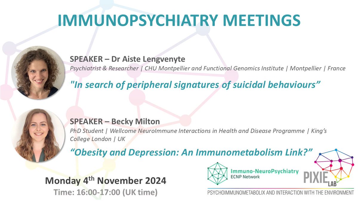 PIXIE Lab (@pixielabkcl) on Twitter photo ✨Get ready for our next Immunopsychiatry Meeting this Monday!
We're delighted to announce our speakers, Dr <a href="/aistelengvai/">Aiste Lengvenyte</a> and <a href="/Becky_Milton_/">Rebecca Milton</a> . They will present their back-to-back talks on Monday 4th Nov @ 4pm (GMT)
🔗Join us online: bit.ly/4hmWziS ✨Get ready for our next Immunopsychiatry Meeting this Monday!
We're delighted to announce our speakers, Dr <a href="/aistelengvai/">Aiste Lengvenyte</a> and <a href="/Becky_Milton_/">Rebecca Milton</a> . They will present their back-to-back talks on Monday 4th Nov @ 4pm (GMT)
🔗Join us online: bit.ly/4hmWziS