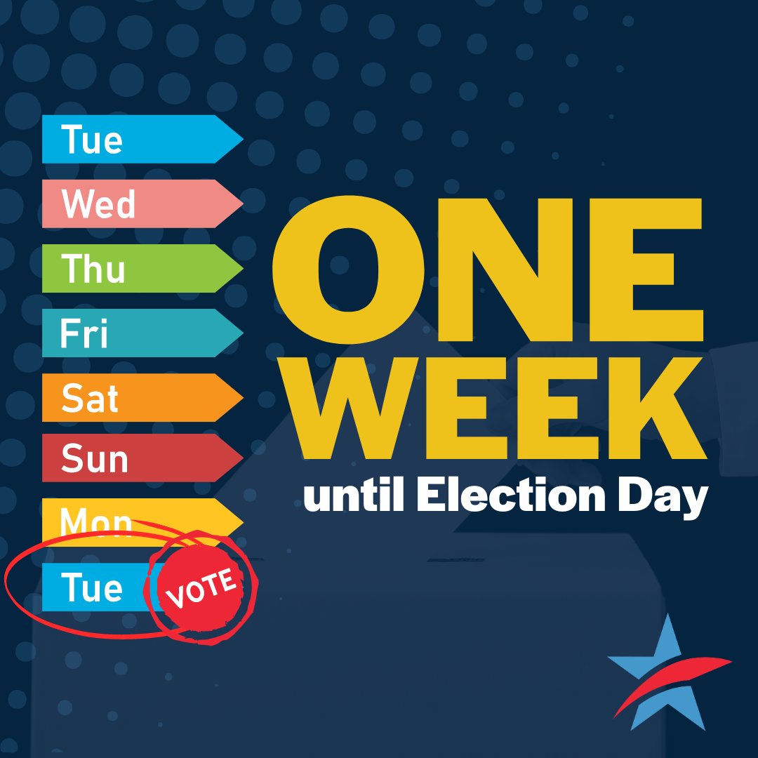It’s crunch time! 1 WEEK until Election Day -- if you haven't voted yet, make your plan to vote today!