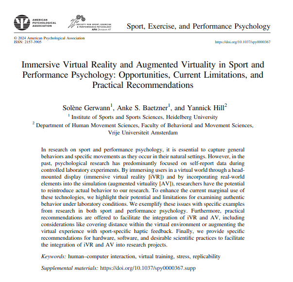 Solène Gerwann (@sgerwann) on Twitter photo 🥳First paper out!
Curious about integrating immersive VR and augmented virtuality in sport and performance psychology research? Anke Baetzner,<a href="/YHillSPP/">Yannick Hill</a> and I explore the why, when, and how. Check it out!
👇
doi.org/10.1037/spy000… 🥳First paper out!
Curious about integrating immersive VR and augmented virtuality in sport and performance psychology research? Anke Baetzner,<a href="/YHillSPP/">Yannick Hill</a> and I explore the why, when, and how. Check it out!
👇
doi.org/10.1037/spy000…