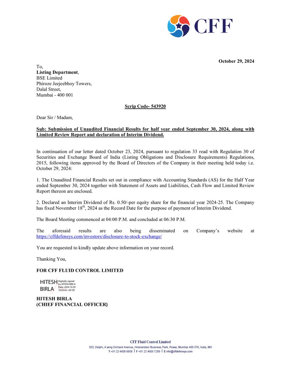 nileshkurhade's tweet image. 📌 CFF Fluid Control Ltd informed the exchange about the approval of the unaudited financial results for the half year ended September 30, 2024. #SME #CFF  🏦📈
