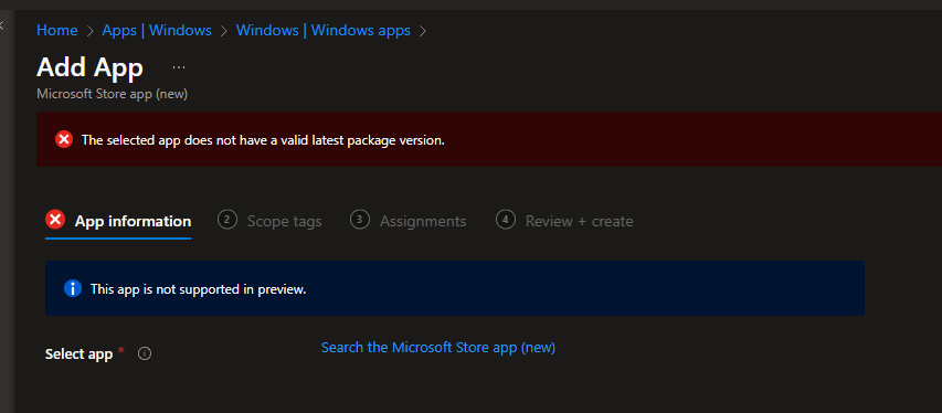 Hi <a href="/IntuneSuppTeam/">Intune Support Team</a>! I'm getting this error when I'm trying to add Adobe Acrobat Reader DC through the Microsoft Store (new) experience in Intune. Anything broken or some change I missed? Got a few colleges seeing the same thing.