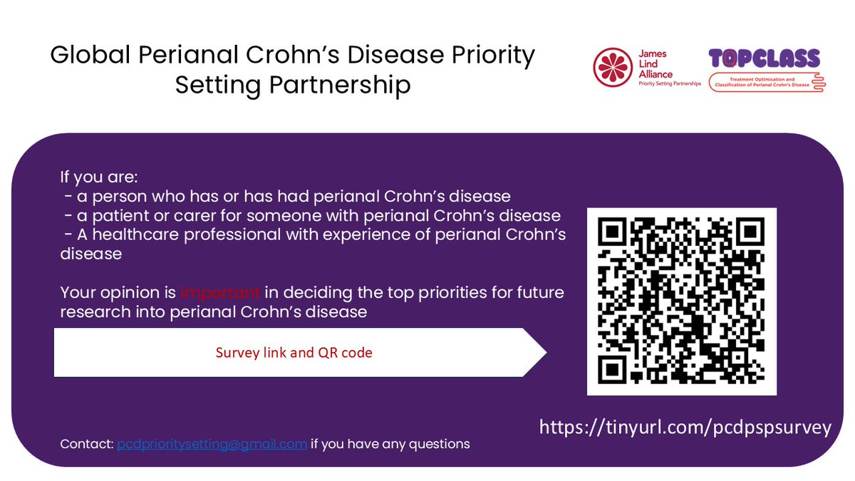 Do you have lived or professional experience of perianal Crohn's disease? Have your say to help us set the top priorities for future research. tinyurl.com/pcdpspsurvey  #PerianalCrohnsPSP