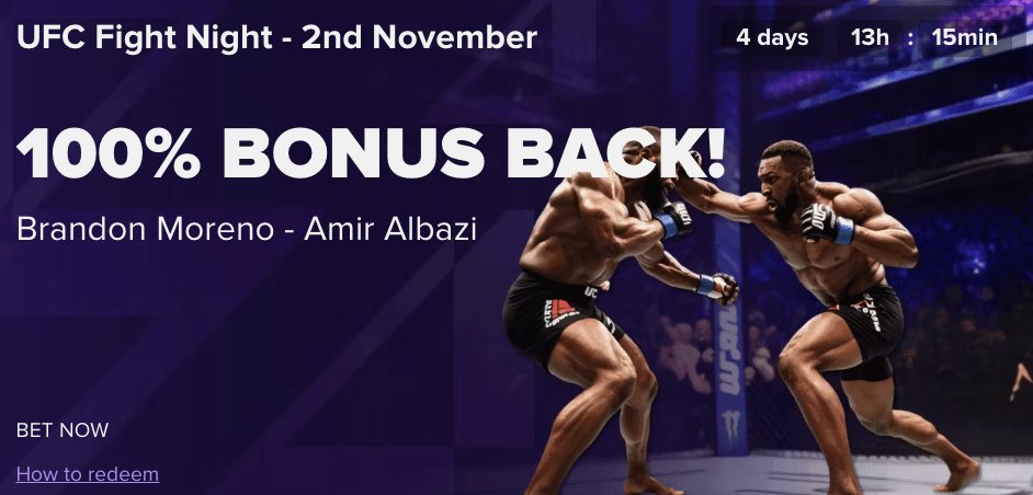 FuturePlay_com's tweet photo. Ready for the Next #UFC Bout?

📅 Nov 2nd
🔥 Brandon Moreno vs. Amir Albazi

Place your bets now and claim a 100% bonus back! 🥊 Don’t miss out—this one’s going to be explosive!

https://t.co/1bLVk4xFRY

 #MorenoVsAlbazi #fightnight