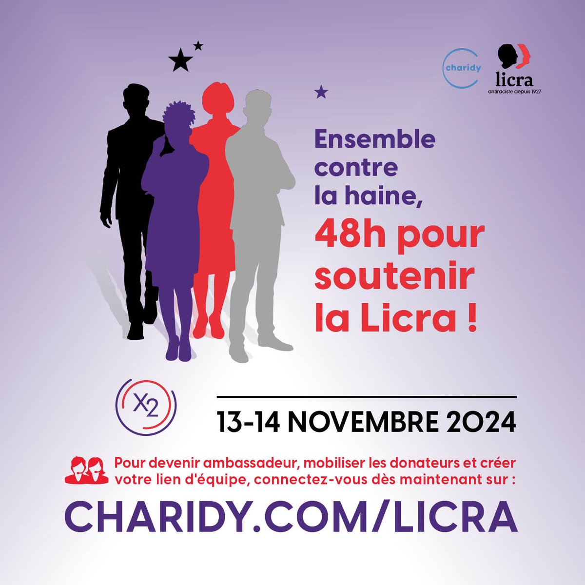 SOUTENEZ LA LICRA !
🗓️ Les 13 -14 novembre, la Licra organise une campagne de soutien durant laquelle tout don versé sera doublé grâce à ses partenaires et mécènes.
💡Devenez ambassadeur ou ambassadrice : déjà 39 équipes inscrites !
👉charidy.com/licra
