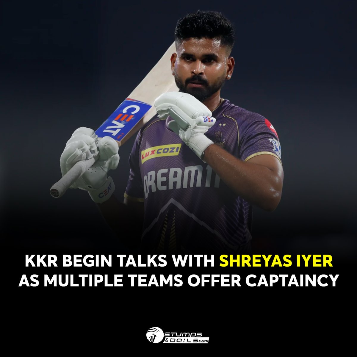 stumpnbails's tweet photo. KKR begin talks with Shreyas Iyer as multiple teams offer Captaincy
.
.
.
.
.
#KKR #ShreyasIyer #IPL #Captaincy #CricketNews #KolkataKnightRiders #TeamTalks #Cricket #SportsUpdates #Leadership #SportsNews #CricketFans #CricketLove #stumpsandbails https://t.co/AMdM5zhxmT