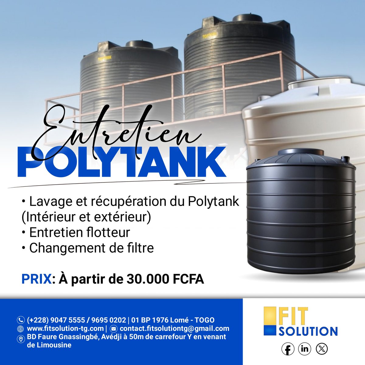 SolutionFit's tweet photo. Contact: (+228) 9047 5555 / 9695 0202 
Email: contact.fitsolutiontg@gmail.com 

#FitSolution #Polytank #togo https://t.co/ztZgeOx8nT