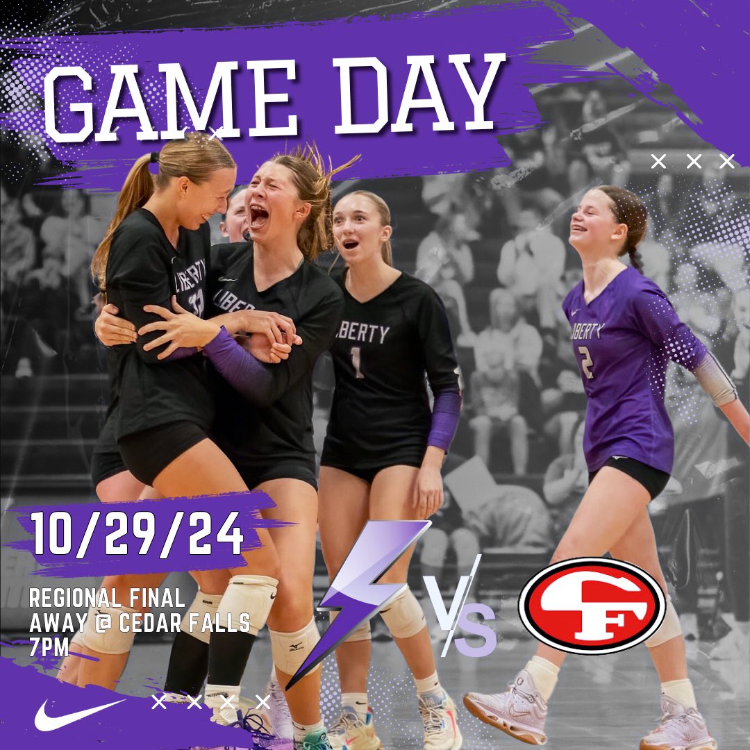 Liberty High School Volleyball (@liberty_vb) on Twitter photo REGIONAL FINAL GAME DAY!!⚡️🏐
🆚 Cedar Falls
📍Cedar Falls HS
⏰ 7:00pm
🎟️ tickets.gobound.com/tickets/events…
📢 <a href="/LHSStudentsec_/">BOLT NATION😈</a> a quick drive to Cedar Falls is well worth it to see your girls play their hearts out for a trip to state. See you there! Go bolts! REGIONAL FINAL GAME DAY!!⚡️🏐
🆚 Cedar Falls
📍Cedar Falls HS
⏰ 7:00pm
🎟️ tickets.gobound.com/tickets/events…
📢 <a href="/LHSStudentsec_/">BOLT NATION😈</a> a quick drive to Cedar Falls is well worth it to see your girls play their hearts out for a trip to state. See you there! Go bolts!