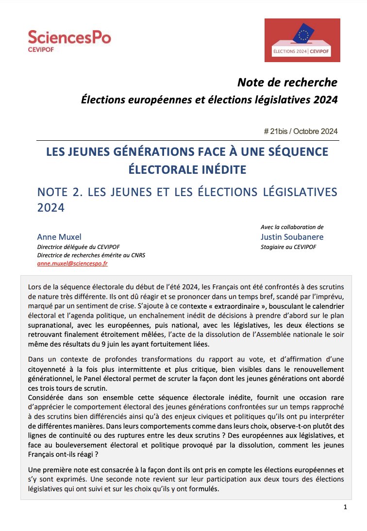 CEVIPOF - Sciences Po (@cevipof) on Twitter photo #jeunesse #Vote
2 nouvelles notes <a href="/AnneMuxel/">Anne Muxel</a> <a href="/CEVIPOF/">CEVIPOF - Sciences Po</a> avec J. Soubanere consacrées aux "jeunes générations face à une séquence électorale inédite"
📌Note 1- Les jeunes et les européennes 🇪🇺
tinyurl.com/3hjcbtyn
📌Note 2- Les jeunes et les législatives
tinyurl.com/28jn553a #jeunesse #Vote
2 nouvelles notes <a href="/AnneMuxel/">Anne Muxel</a> <a href="/CEVIPOF/">CEVIPOF - Sciences Po</a> avec J. Soubanere consacrées aux "jeunes générations face à une séquence électorale inédite"
📌Note 1- Les jeunes et les européennes 🇪🇺
tinyurl.com/3hjcbtyn
📌Note 2- Les jeunes et les législatives
tinyurl.com/28jn553a