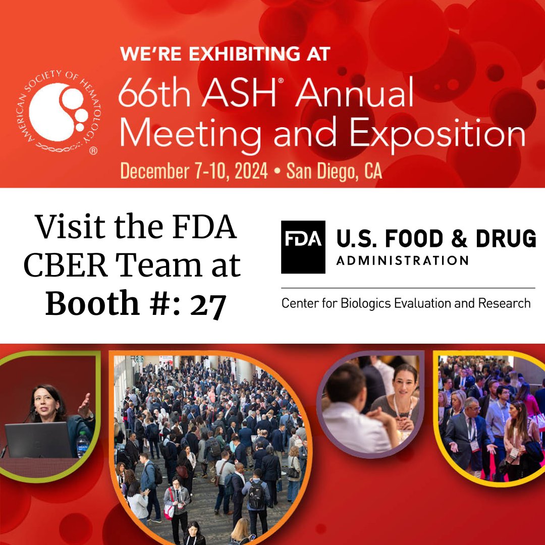 🌟 Day 1 at #ASH24 is here! 🌟

Stop by the Exhibit Hall today from 11am-5pm (and tomorrow from 10am-5pm) to connect with the CBER team! We’re excited to chat about #FDA #CareerOpportunities in advancing safe and effective treatments.

See you at Booth 27! 👋
