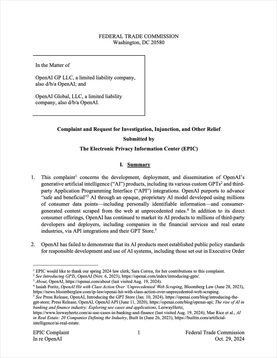 🚨EPIC filed a complaint TODAY with the <a href="/FTC/">FTC</a> calling on the Commission to investigate OpenAI 🧵
epic.org/wp-content/upl…