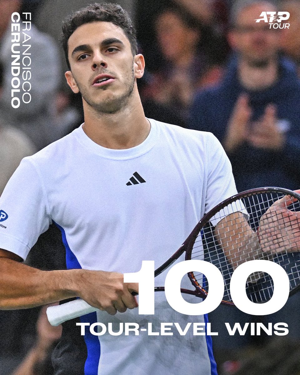 atptour's tweet photo. Big stage for a BIG milestone 👏🏟️

@FranCerundolo brings up a century of tour-level wins by knocking out No. 6 seed Rublev, 7-6(6) 7-6(5)!

#RolexParisMasters | @RolexPMasters https://t.co/VFvTk3wmIm