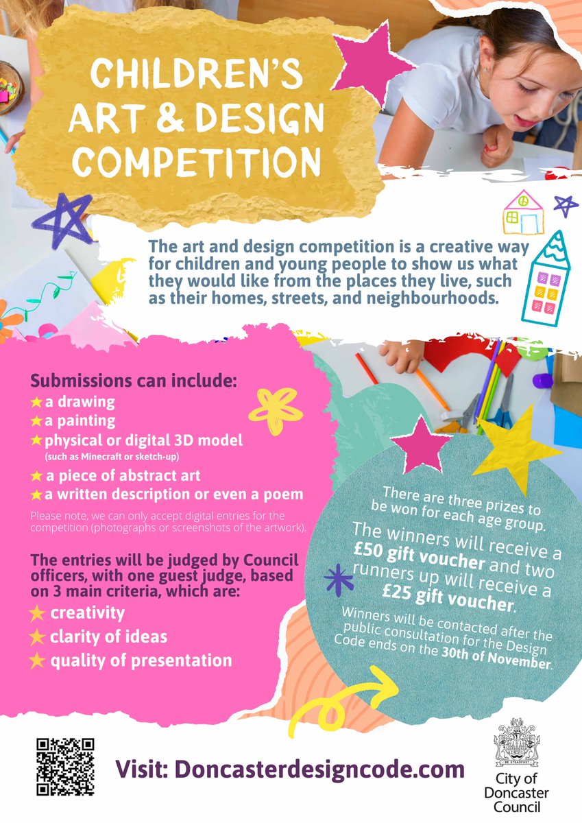 ⌛️Times running out ⌛️... great activity for half term...  
Join our Art Competition for the  #DoncasterDesignCode A chance for children and young people to show what they would like to see from the places they live 🛴🏗️🏡⛩️🏖️📷#homes #neighbourhoods #creativity