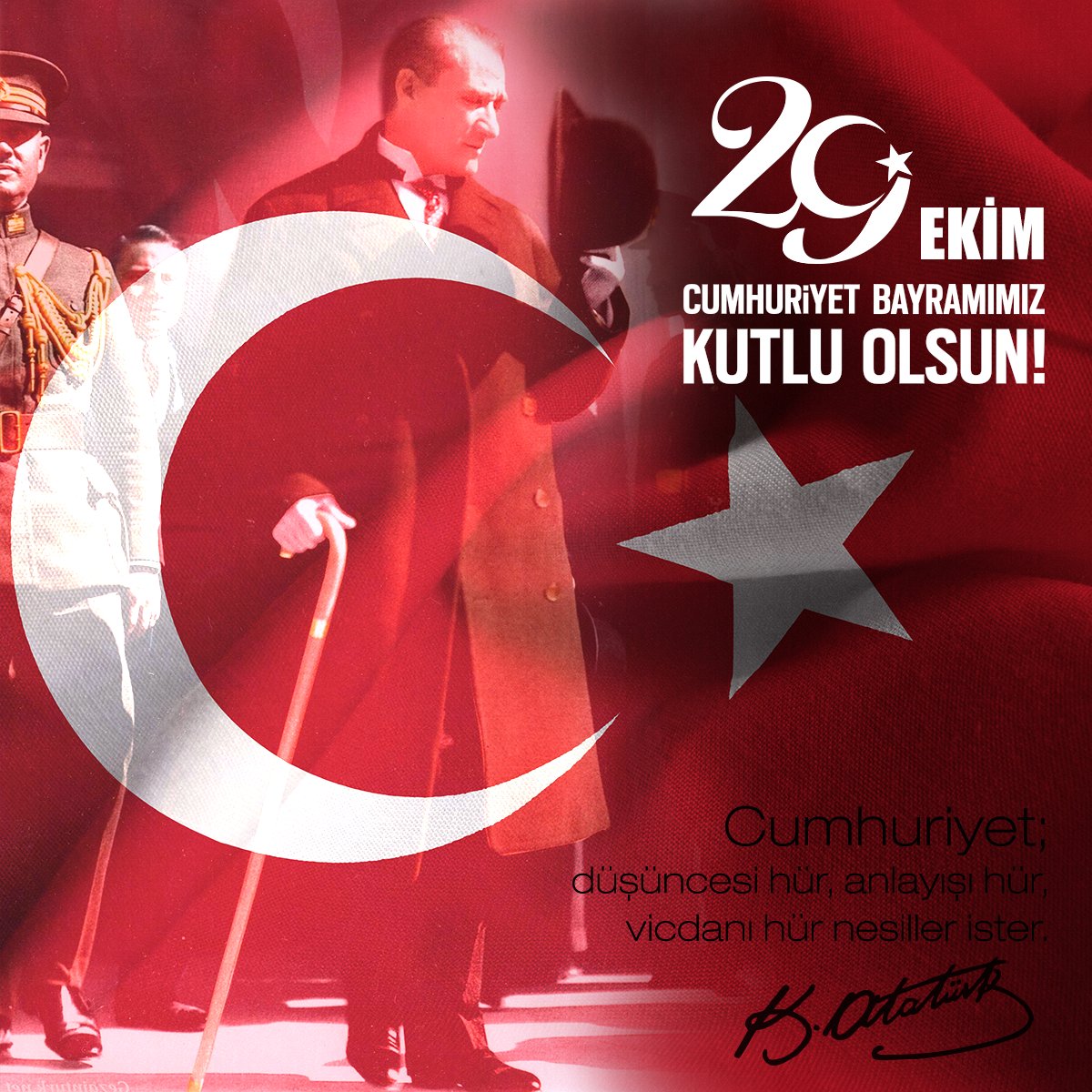 "Cumhuriyetimizin 101. yılı kutlu olsun! Gazi Mustafa Kemal Atatürk ve silah arkadaşlarını saygı ve minnetle anıyorum. Egemenlik kayıtsız şartsız milletindir!"

29 Ekim Cumhuriyet Bayramı'mız kutlu olsun!