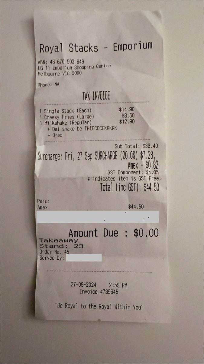 _stv___'s tweet photo. 20% Public #Holiday #Surcharge! In #Victoria @Melbourne @cityofmelbourne @Australia. 45$ for a #burger, #fries &amp; #Milkshake. @StacksRoyal shame! Avoid #CBD &amp; eating out for the long weekends. @VicGovAu @acccgovau please take action. @theage @9NewsAUS #aus #costoflivingcrisis https://t.co/6kzKZSOW95