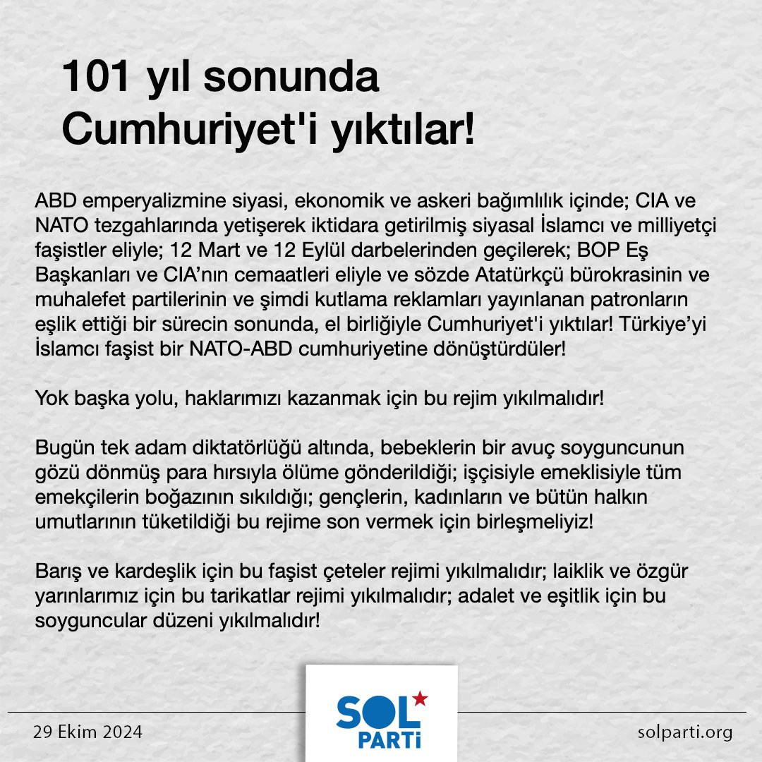 solpartibilgi's tweet photo. Devrimci Demokratik Yeni Bir Cumhuriyet Yolunda
SARAY REJİMİ YIKILMALIDIR

#29Ekim #Cumhuriyetin101Yılı https://t.co/QRCQy4V93W