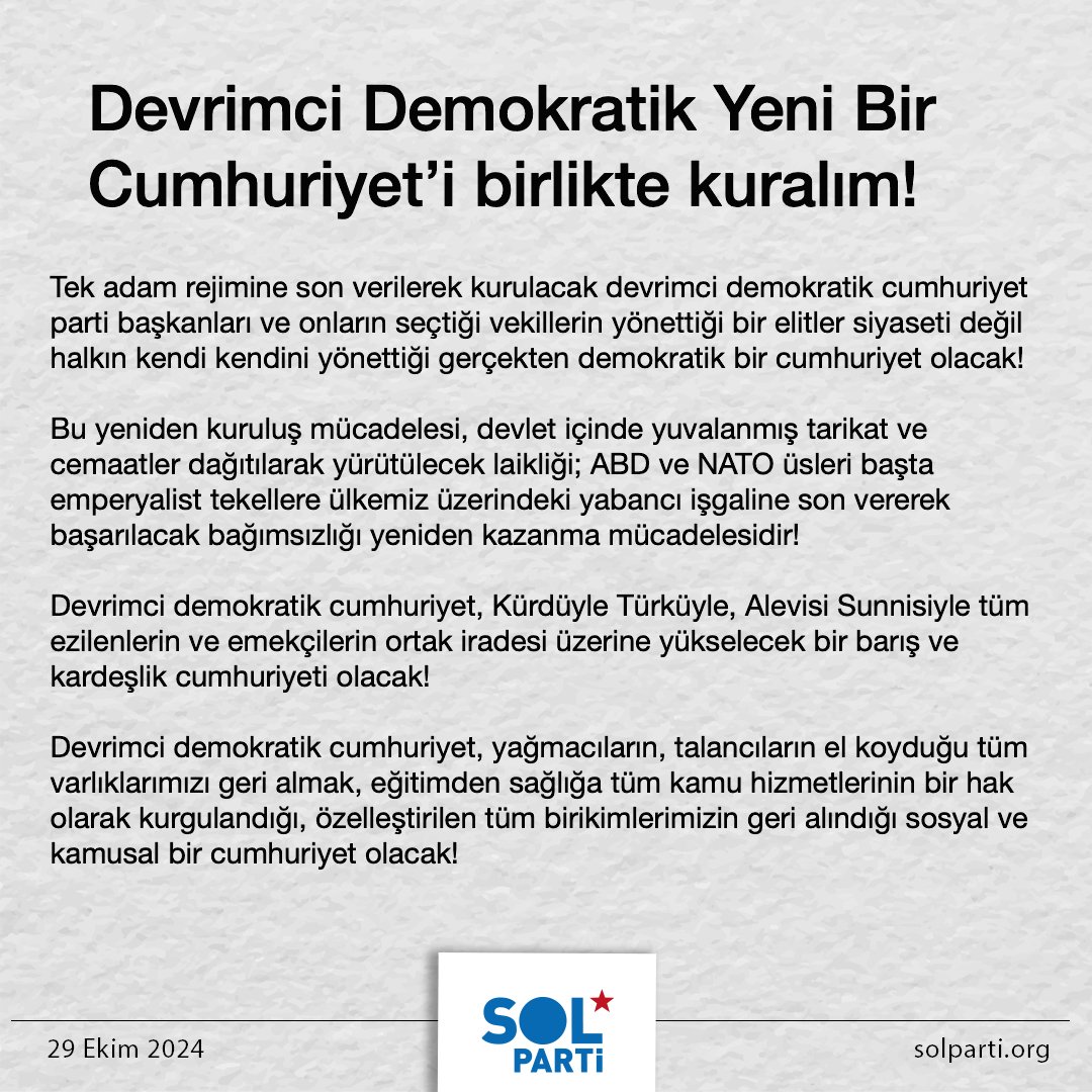 solpartibilgi's tweet photo. Devrimci Demokratik Yeni Bir Cumhuriyet Yolunda
SARAY REJİMİ YIKILMALIDIR

#29Ekim #Cumhuriyetin101Yılı https://t.co/QRCQy4V93W
