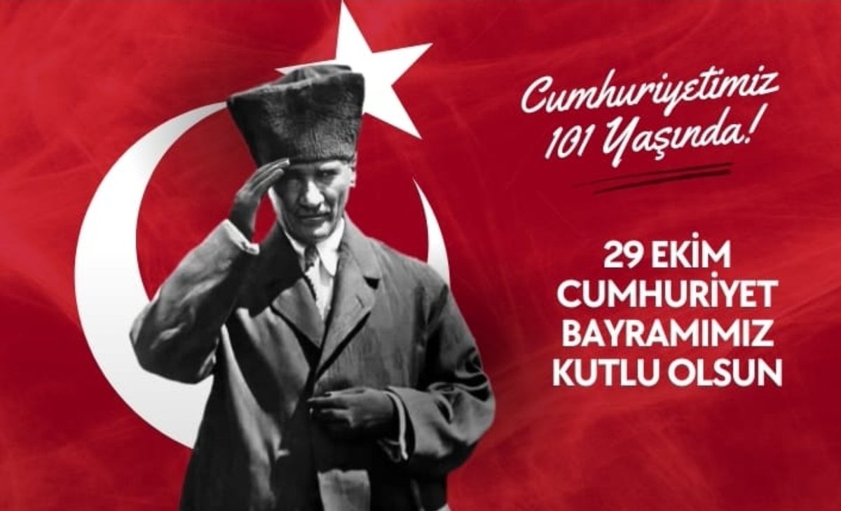 Türkiye Cumhuriyeti'nin 101. yıl dönümü ve Cumhuriyet Bayramımız kutlu olsun! 🇹🇷 
Bize Cumhuriyeti armağan eden başta Devletimizin kurucusu Gazi Mustafa Kemal Atatürk olmak üzere tüm şehitlerimizi, ebediyete irtihal eden gazilerimizi rahmet, minnet ve şükranla anıyoruz.  #101Yıl
