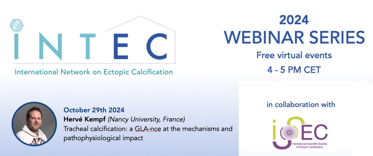 A friendly reminder that the next webinar on “Tracheal calcification: a GLA-nce at the mechanisms and pathophysiological impact” by <a href="/hervekempf/">Hervé Kempf</a> is planned today <a href="/4pm/">4pm</a> CET. <a href="/ISSECsociety/">ISSEC</a> 
To attend please register at
itnintec.com/webinarseries/