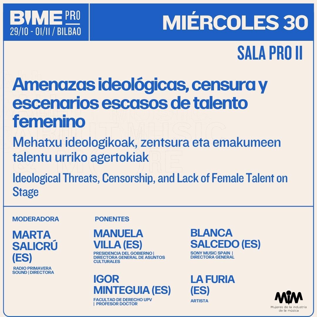 ASOCIACIÓN MIM (@asociacionmim) on Twitter photo 🎤 Estaremos en <a href="/BIMEnet_/">BIME</a> con el panel "Amenazas ideológicas, censura y la falta de talento femenino".
📅 26 oct | 17:20 - 18:05 | Sala Pro II
👥 Participan:
<a href="/blancasalcedoem/">blanca.salcedo</a>
<a href="/manvillaacosta/">Manuela Villa Acosta</a>
<a href="/LaFuriaRap/">LA FURIA</a>
#IgorMinteguia
🎙️ Modera: <a href="/salicrunette/">Marta Salicrú</a>
#BIME2024 #MIM #MujeresEnLaMúsica 🎤 Estaremos en <a href="/BIMEnet_/">BIME</a> con el panel "Amenazas ideológicas, censura y la falta de talento femenino".
📅 26 oct | 17:20 - 18:05 | Sala Pro II
👥 Participan:
<a href="/blancasalcedoem/">blanca.salcedo</a>
<a href="/manvillaacosta/">Manuela Villa Acosta</a>
<a href="/LaFuriaRap/">LA FURIA</a>
#IgorMinteguia
🎙️ Modera: <a href="/salicrunette/">Marta Salicrú</a>
#BIME2024 #MIM #MujeresEnLaMúsica