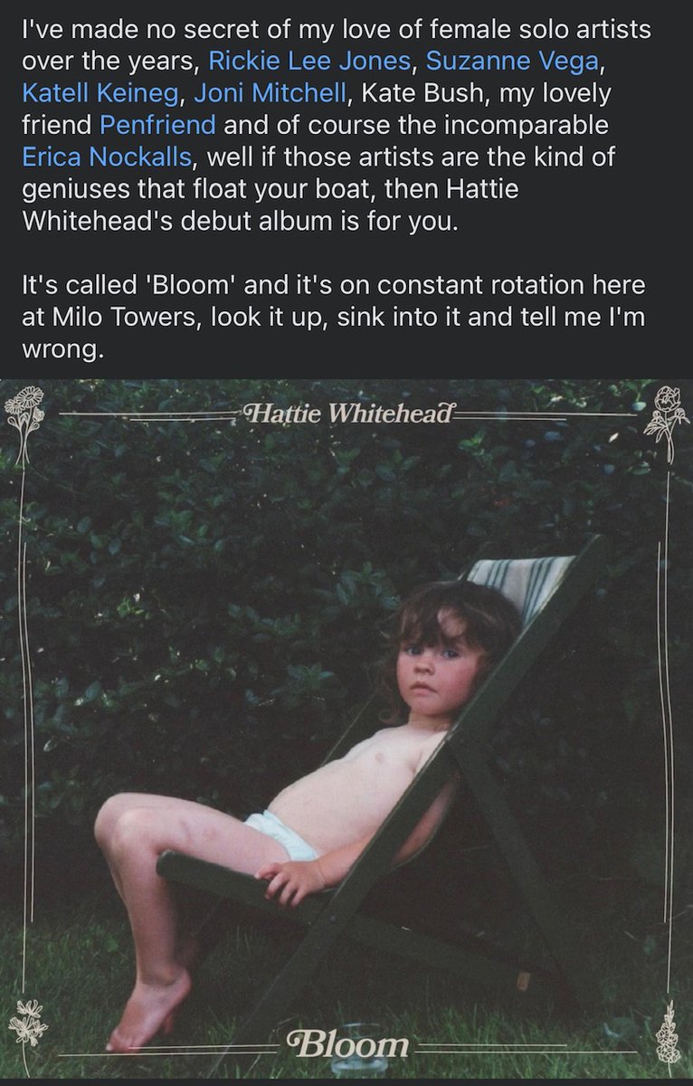 Lovely words from Miles Hunt of <a href="/thewonder_stuff/">The Wonder Stuff</a>
on Hattie Whitehead <a href="/hattiewmusic/">Hattie Whitehead</a> and her gorgeous debut album 'Bloom' (out now).