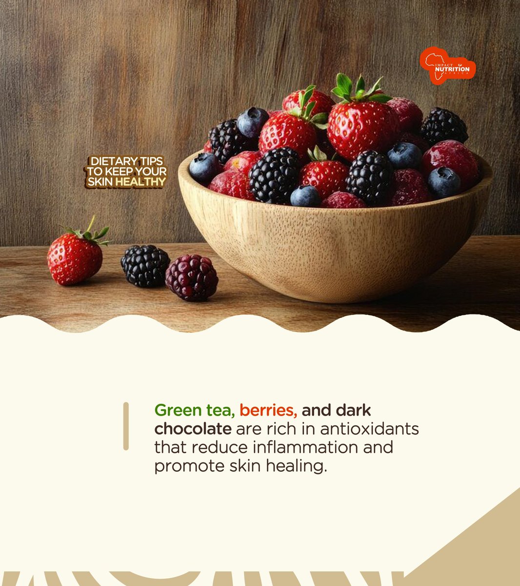 ImpactNutAfrika's tweet photo. Antioxidants, like those found in green tea, berries, and dark chocolate, are the skin's superheroes. They protect the skin from damage caused by harmful free radicals, keeping it looking youthful and radiant.

#skincare 
#health
#nutrition
#ImpactNutritionAfrica https://t.co/vXLEB7VP2R