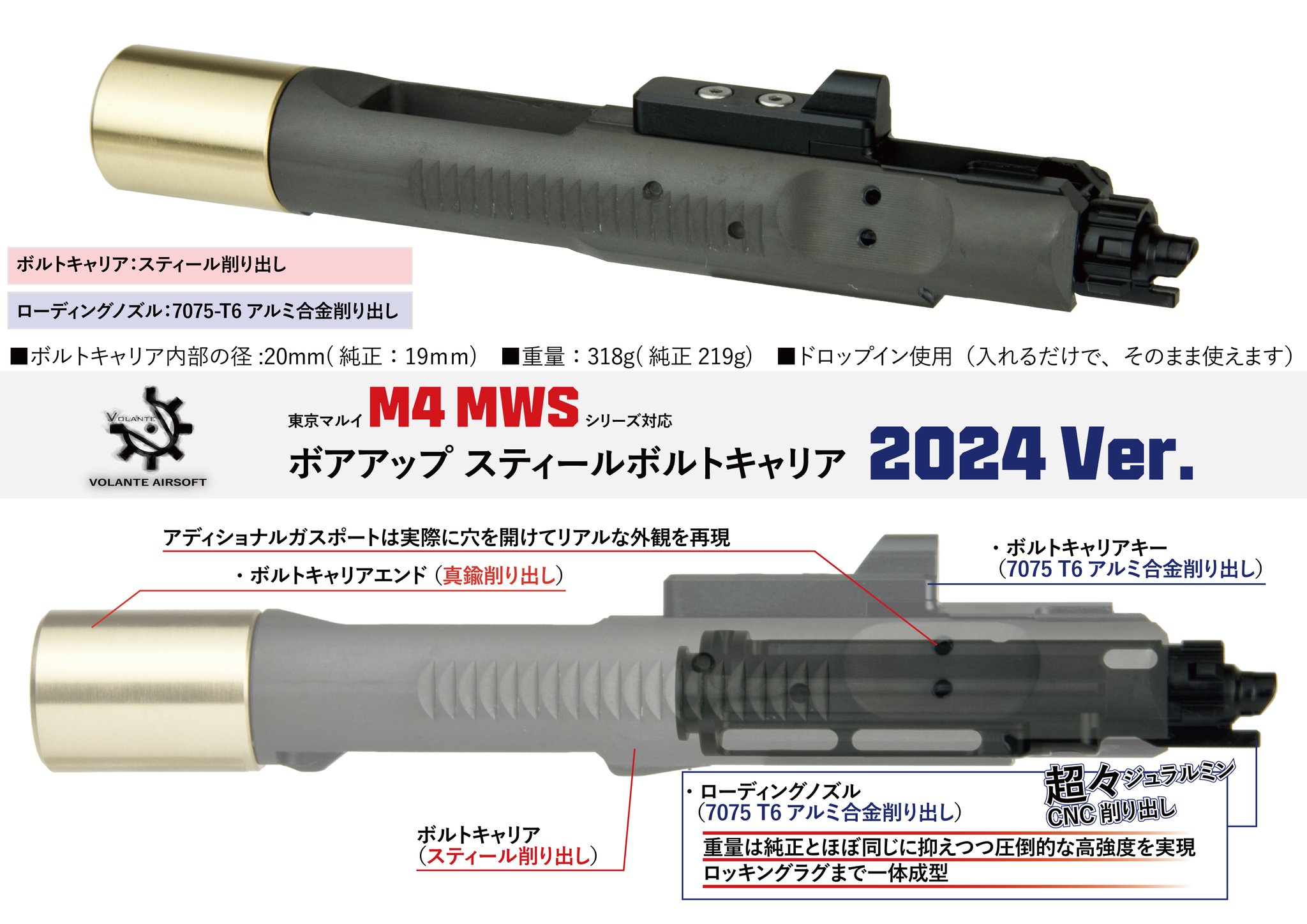 Volante Airsoft 東京マルイ M4MWS ボアアップボルトキャリア Volante Airsoft マルイM4MWS用HKタイプボアアップスティール