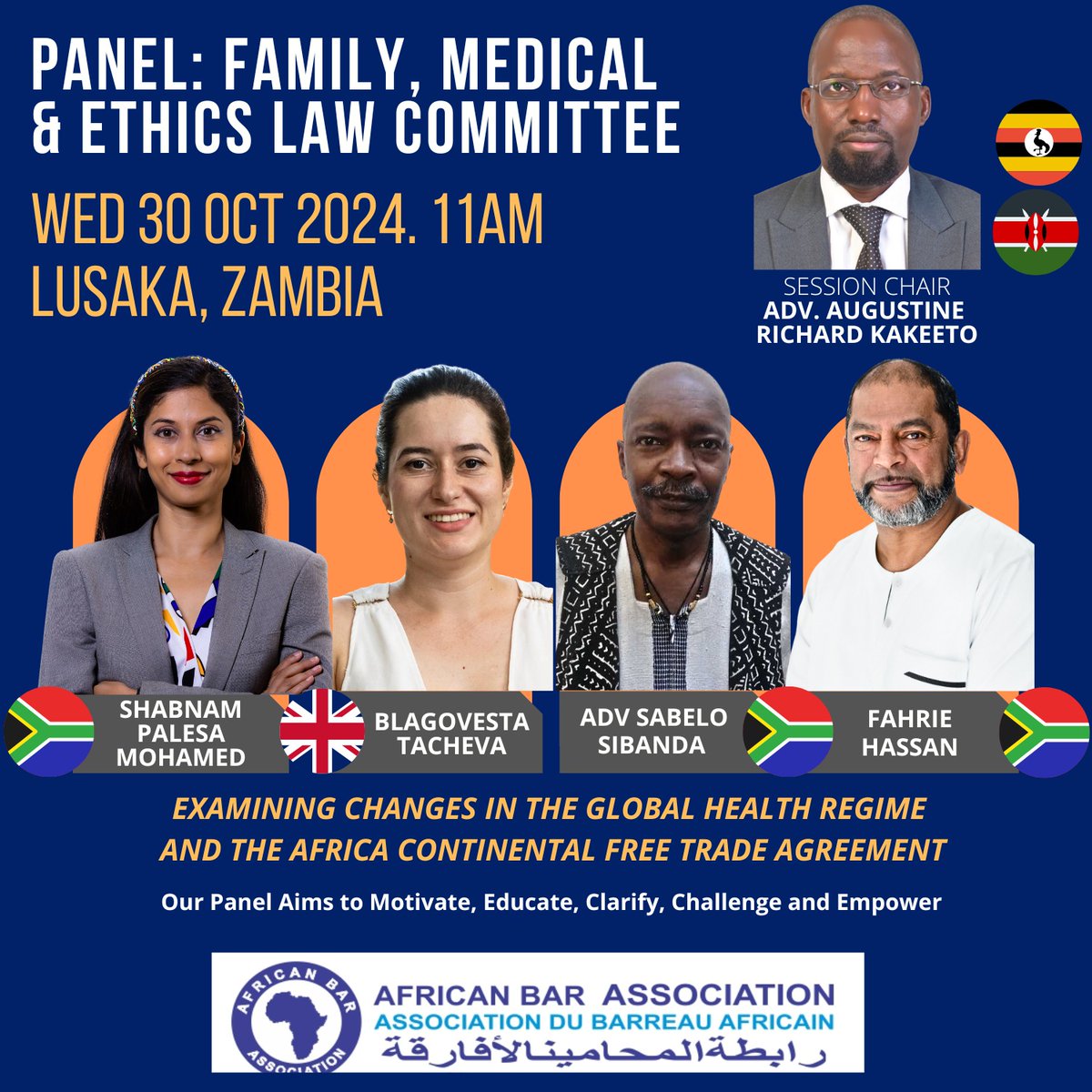 🌍 PANEL: Examining Changes in the Global Health Regime. And the Africa Continental Free Trade Agreement 

🌍 SESSION: Family, Medical and Ethics Law Committee 

🚸 CHAIR: Adv Augustine Richard Kakeeto

🚸 SPEAKERS: 
Shabnam Palesa Mohamed (RSA)
Blagovesta Tacheva (UK)
Adv Sabelo
