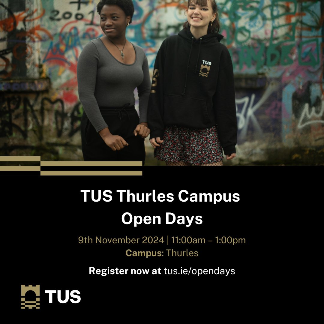 TUS_ie's tweet photo. Join us for our TUS Thurles Campus Open Day.
9th November 2024 | 11:00am - 1:00pm
Register now 👉https://t.co/86SXReuHYh
#WeAreTUS #OpenDays2024 https://t.co/diTnHYTFjv