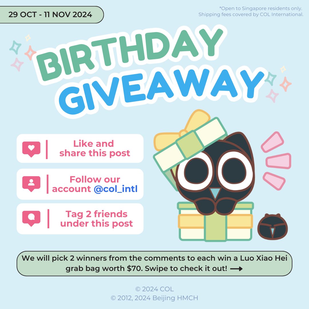 col_intl's tweet photo. [GIVEAWAY] Xiao Hei's birthday is coming up soon, and two lucky fans* will be able to receive a Luo Xiao Hei grab bag worth $70! Swipe to see what's inside~ 🐈‍⬛  

Participate on Instagram (@col_intl)!   

#luoxiaohei #lxh #legendofhei #罗小黑 #罗小黑战记 #anime #cat #giveaway https://t.co/Mc87fPXrJ3