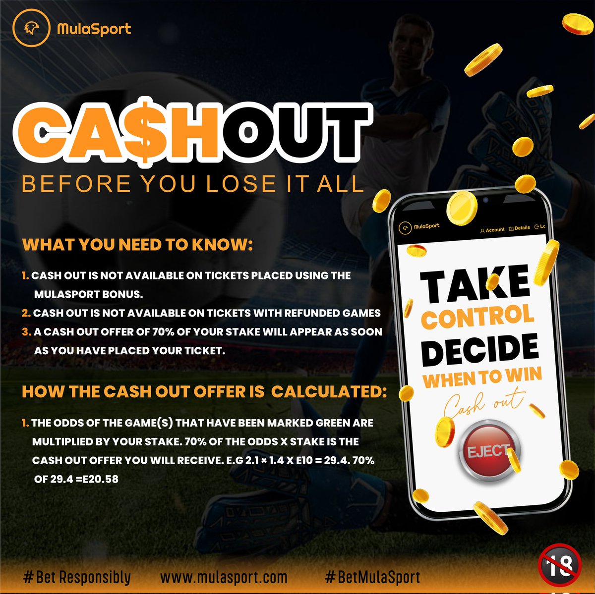 mula_sport's tweet photo. #selfhelptips 💡
Take control and decide when to win with our cash out feature💸💃. Here's what you need to know about how our cash out feature works and how to calculate your cash out offer📝⬇️
#BetResponsibly #BetMulaSport https://t.co/B05zg0brr3