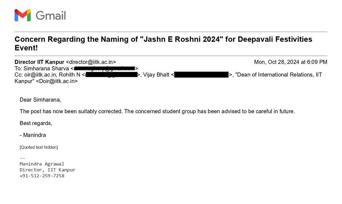 franklydharm's tweet image. We appreciate @IITKanpur for promptly addressing concerns on the #Deepavali event naming. Ensuring cultural respect upholds our shared values! It was a successful effort from all of us! 

#RespectTraditions #CulturalRespect
#Deepavali2024