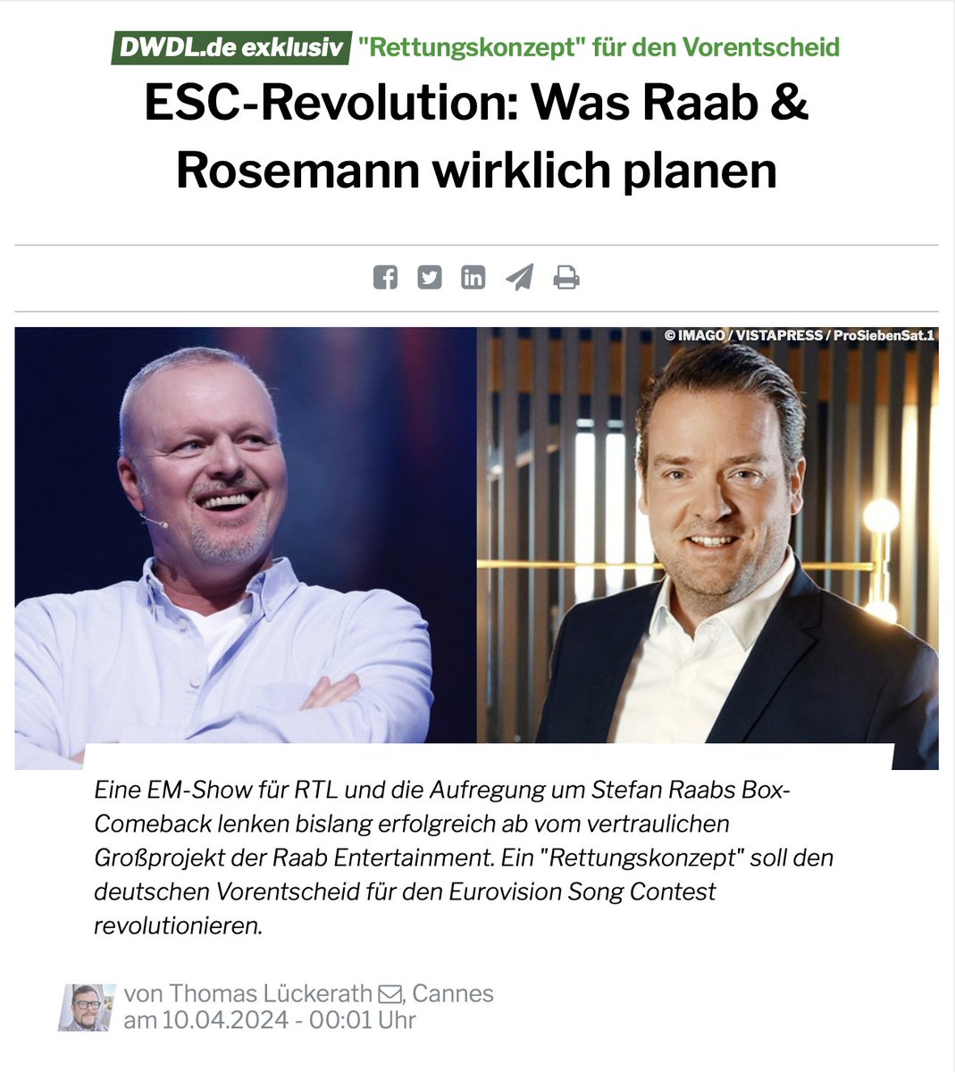 Im April berichtete DWDL exklusiv über die Pläne eines neuen Sender-übergreifenden deutschen Vorentscheidung zum ESC bei Raab Entertainment. "Bild" hat damals sogar korrekt zitiert. Heute aber tun sie so als hätten sie es damals rausgefunden. Sorry, habt ihr nicht.