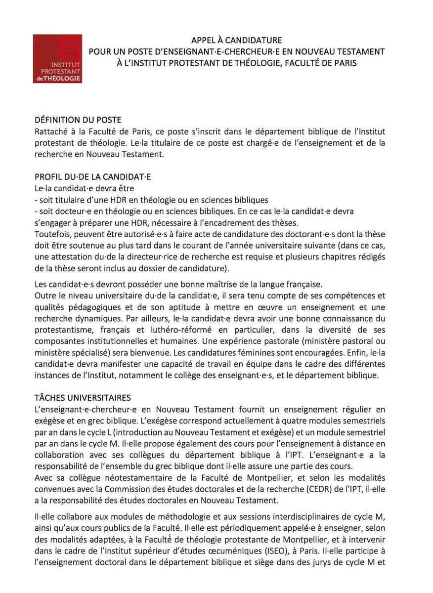 Rod_F_Sousa's tweet photo. The Protestant Institute of Theology (Paris Campus) is hiring a full-time professor in New Testament. The appointment is to start at the academic year 2025-2026. French is required. See the attached information and don't hesitate to contact me if you have further questions! https://t.co/xKecQd70Sr
