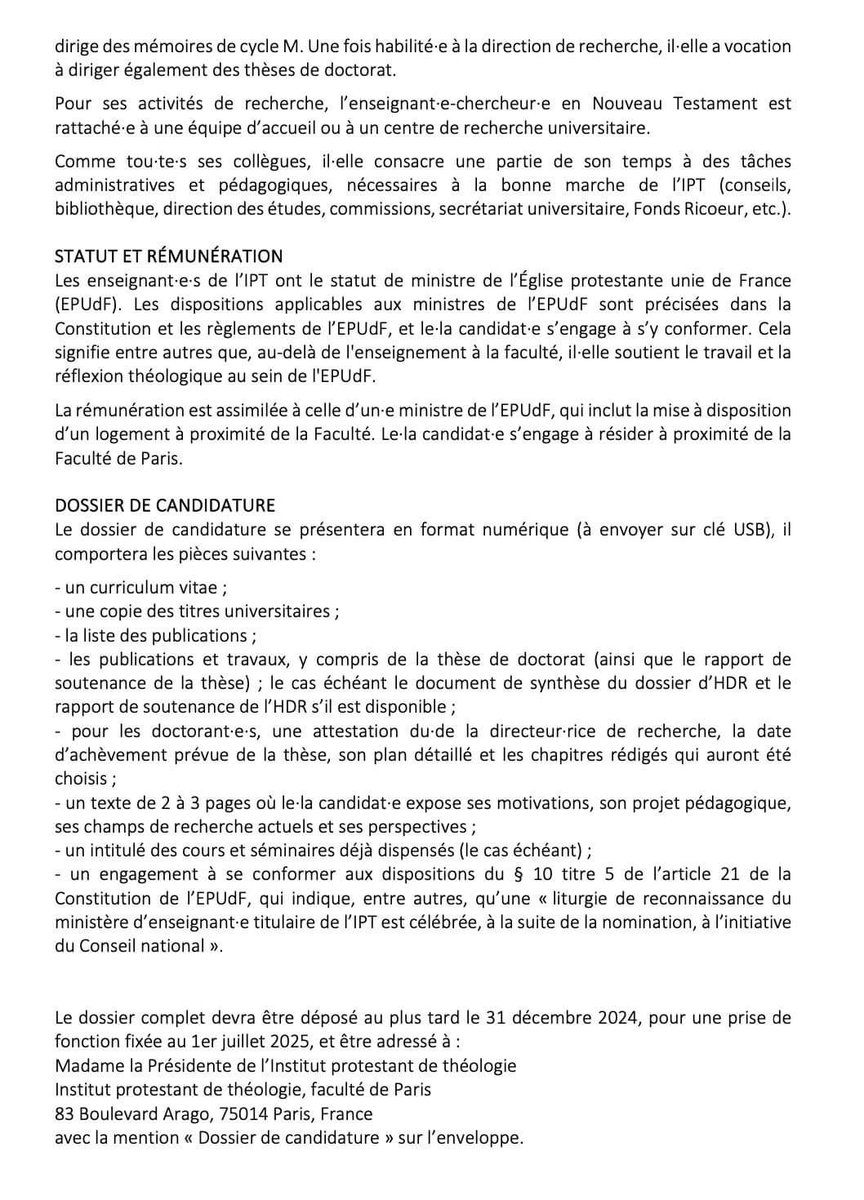 The Protestant Institute of Theology (Paris Campus) is hiring a full-time professor in New Testament. The appointment is to start at the academic year 2025-2026. French is required. See the attached information and don't hesitate to contact me if you have further questions!
