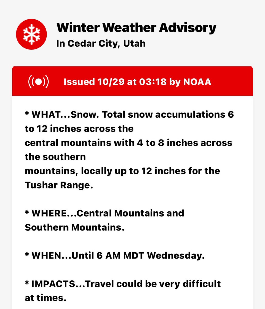 SWUtahWxSpotter's tweet photo. WINTER WEATHER ADVISORY
Snow accumulations 6 to 12 inches central mountains with 4 to 8 inches southern mountains, locally 12 inches. Until 6 AM Wednesday
#utwx #WeatherForecast #snow #southernutah #Utah https://t.co/8ViyNqcs3r