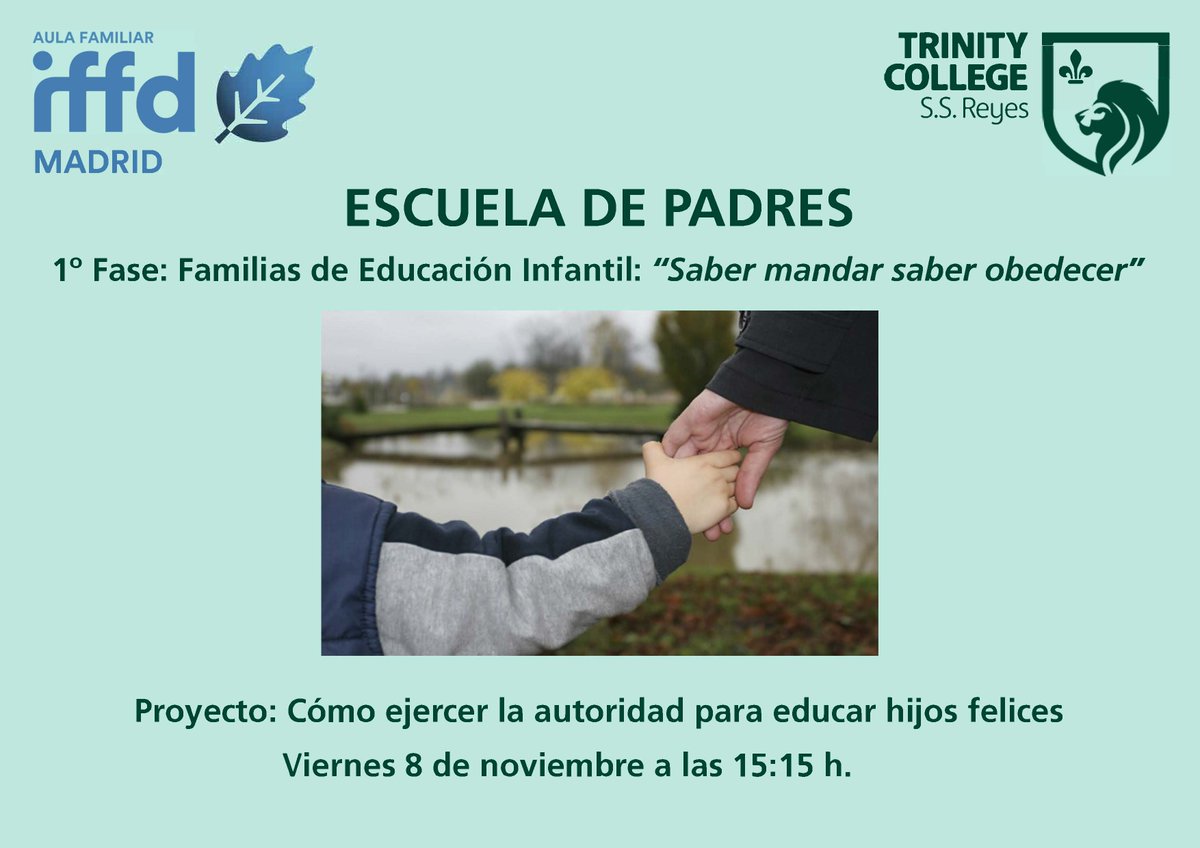 🚨 ESCUELA DE PADRES 🚨 TRINITY COLLEGE S.S. REYES
📣 Charla: “Saber mandar saber obedecer”
🗓⏰ Viernes 8 de noviembre a las 15:15 h.
👉 Dirigida a familias de Educación Infantil.
🗣 <a href="/aulafamiliar/">Aula Familiar</a>.