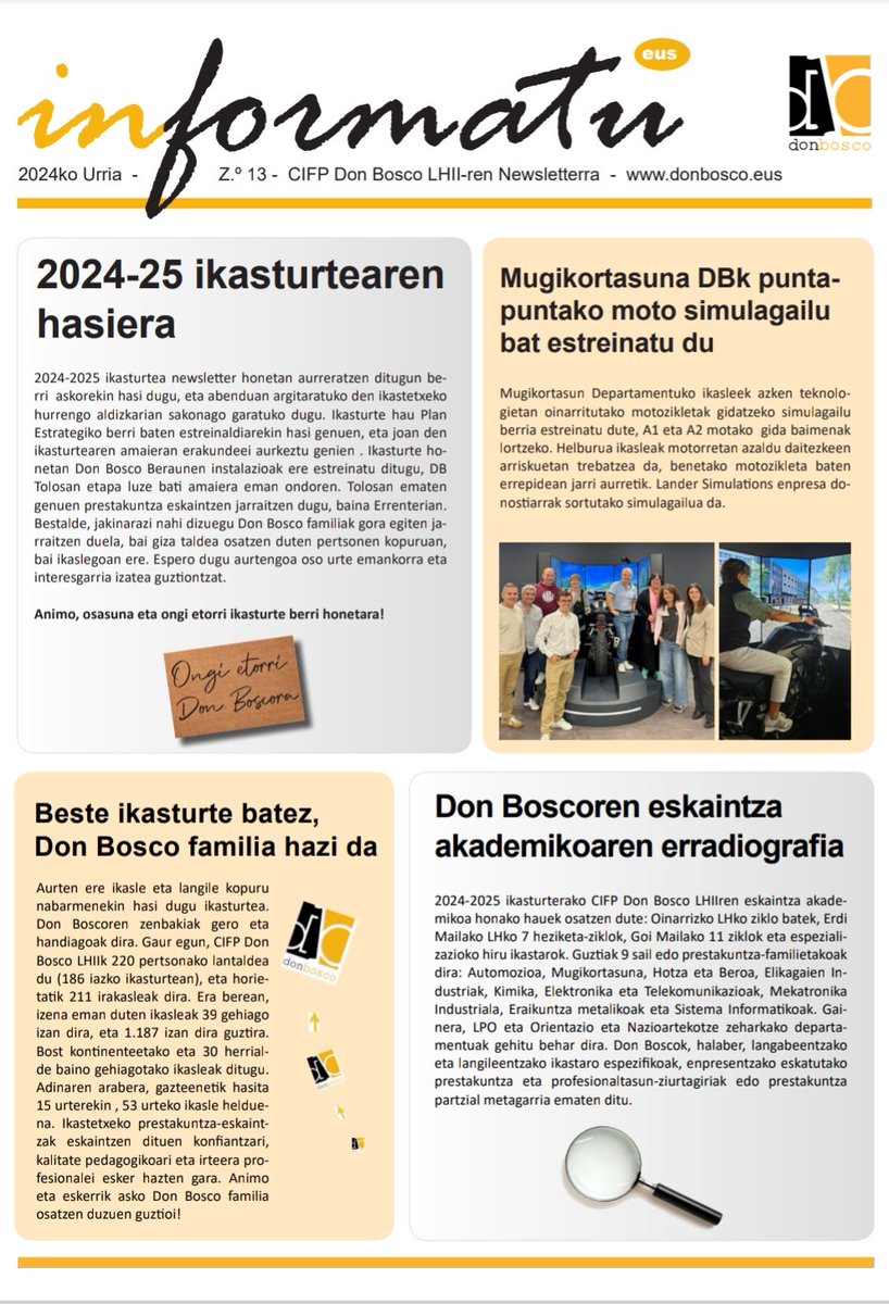 FPdonboscoLH's tweet photo. Ikasturte hasierako newsletter-a ikusgai duzue. Gogoratu, abenduan ikastetxeko aldizkaria aterako dugula albiste hauek eta beste hainbat irakurtzeko aukera izango duzuela.
#DenokBatera #newsletter #donbosco #errenteria #beraun #oarsoaldea https://t.co/pEy4RMfEDJ