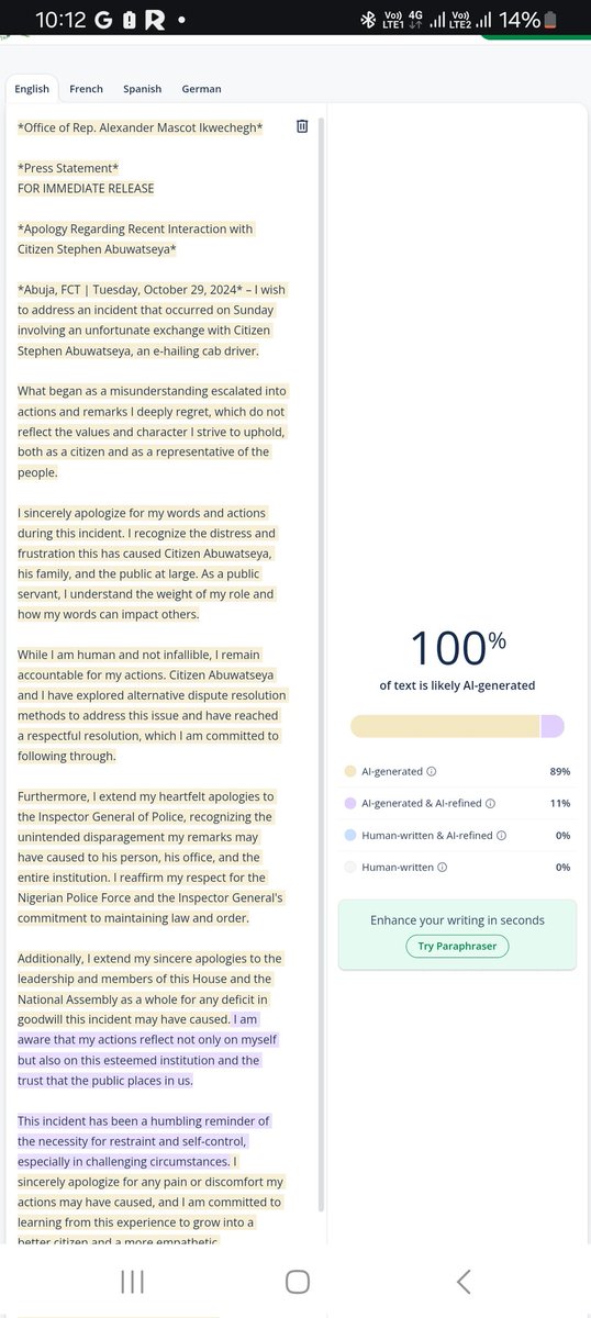 TheAjakeManger's tweet photo. "Do you know who I am?"

But na GPT dey help you write apology.
"I can make you disappear in this Nigeria, and nothing will happen."

But you no fit make write ordinary apology yourself or even make efforts to edit the one you generate with AI.

Albino with bleached brain https://t.co/XkmzZ7HnnV