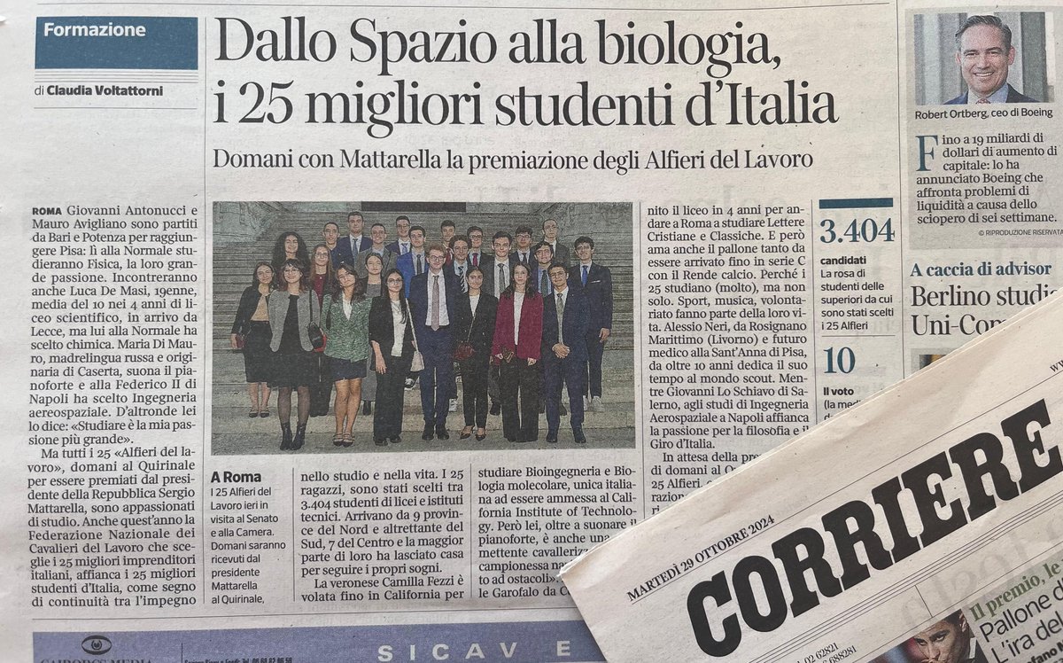 cavalierilavoro's tweet photo. 📰 Oggi sul @Corriere le storie dei nuovi 25 Alfieri del Lavoro che verranno nominati domani al @Quirinale dal Pres. Sergio Mattarella per la loro carriera scolastica eccellente e per il grande impegno nel mondo del volontariato e degli sport. L’articolo di Claudia Voltattorni👇 https://t.co/OhDq0U0VKy