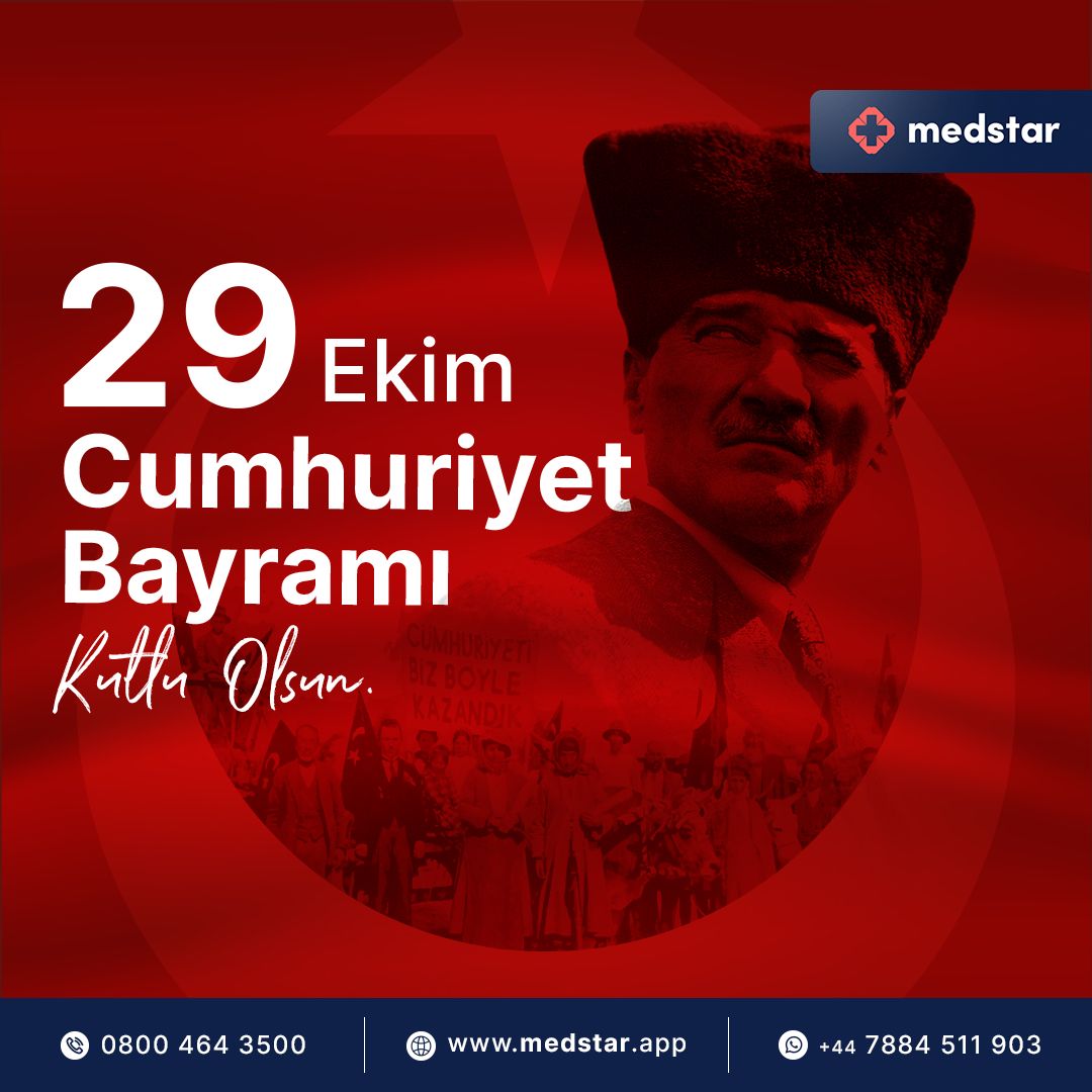 Medstar ekibi olarak Cumhuriyetimizin 101. yılını coşku ve gururla kutluyoruz! 

#MedstarClinic
