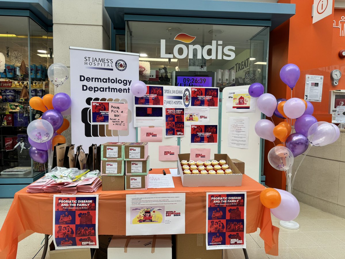 cii_em's tweet photo. Hello everyone! Please join the Dermatology Department in the main concourse for the World Psoriasis Day! Theme this year is Family! See you all @stjamesdublin !  #worldpsoriasisday #psoriaticfamily #psoriasis https://t.co/9iU4pcvXgi