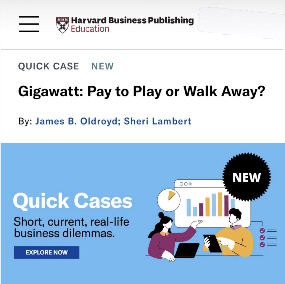 Proud of our new Quick Case, published by <a href="/HarvardBizEdu/">Harvard Business Impact Education</a>, "Gigawatt: Pay to Play or Walk Away?"

Check out the case here: lnkd.in/eSsSwXZ5

So grateful to Weldon Turner of <a href="/gigawattglobal/">Gigawatt Global</a> for making this possible—thank you!