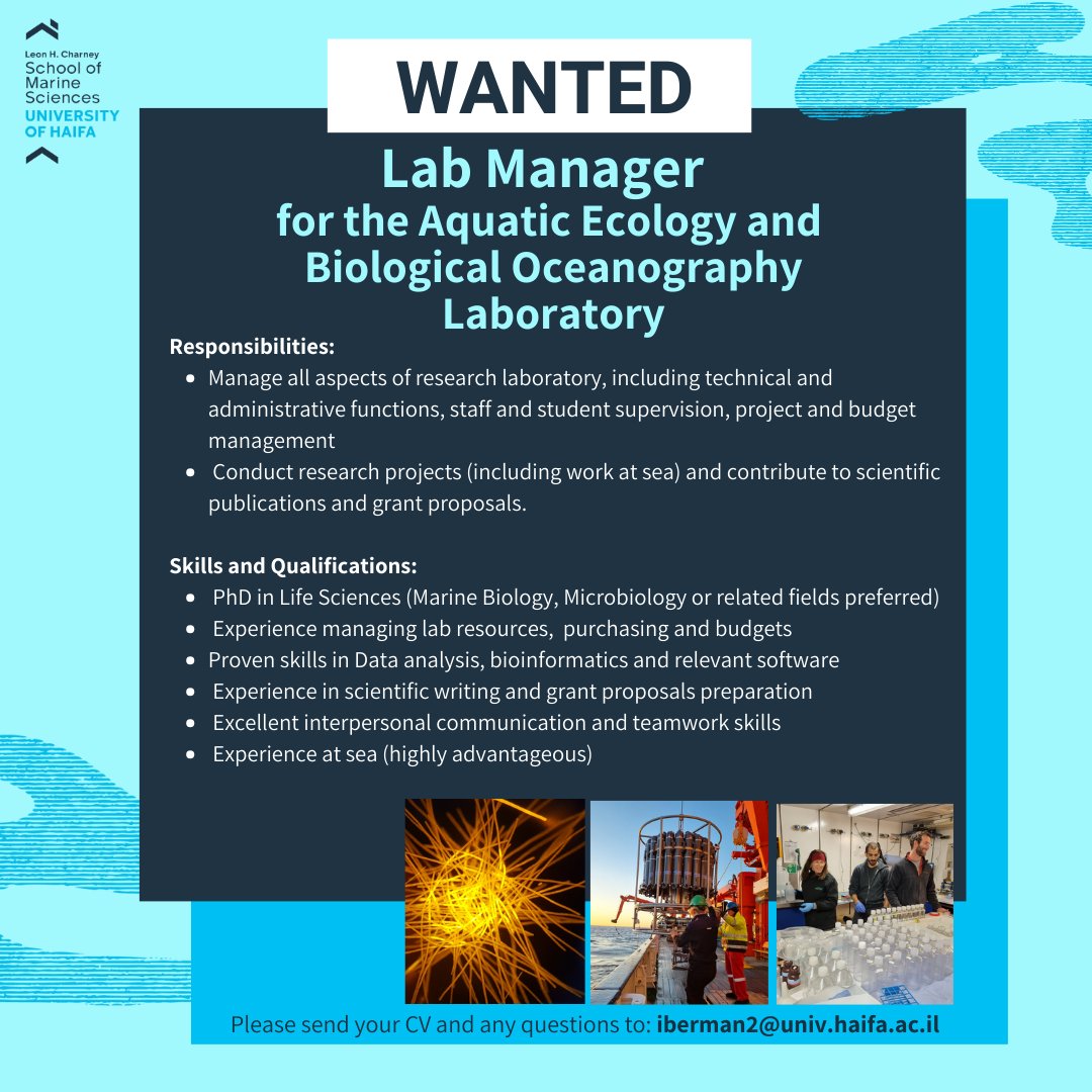 The Leon H. Charney School of Marine Sciences (@charneyschoolms) on Twitter photo Passionate about marine research? Join us as Lab Manager in Prof. <a href="/IlanaBermanFra1/">Ilana Berman-Frank</a>'s Aquatic Ecology and Biological Oceanography Lab! ๐
๐ฉ Send your CV to iberman2@univ.haifa.ac.il Passionate about marine research? Join us as Lab Manager in Prof. <a href="/IlanaBermanFra1/">Ilana Berman-Frank</a>'s Aquatic Ecology and Biological Oceanography Lab! ๐
๐ฉ Send your CV to iberman2@univ.haifa.ac.il