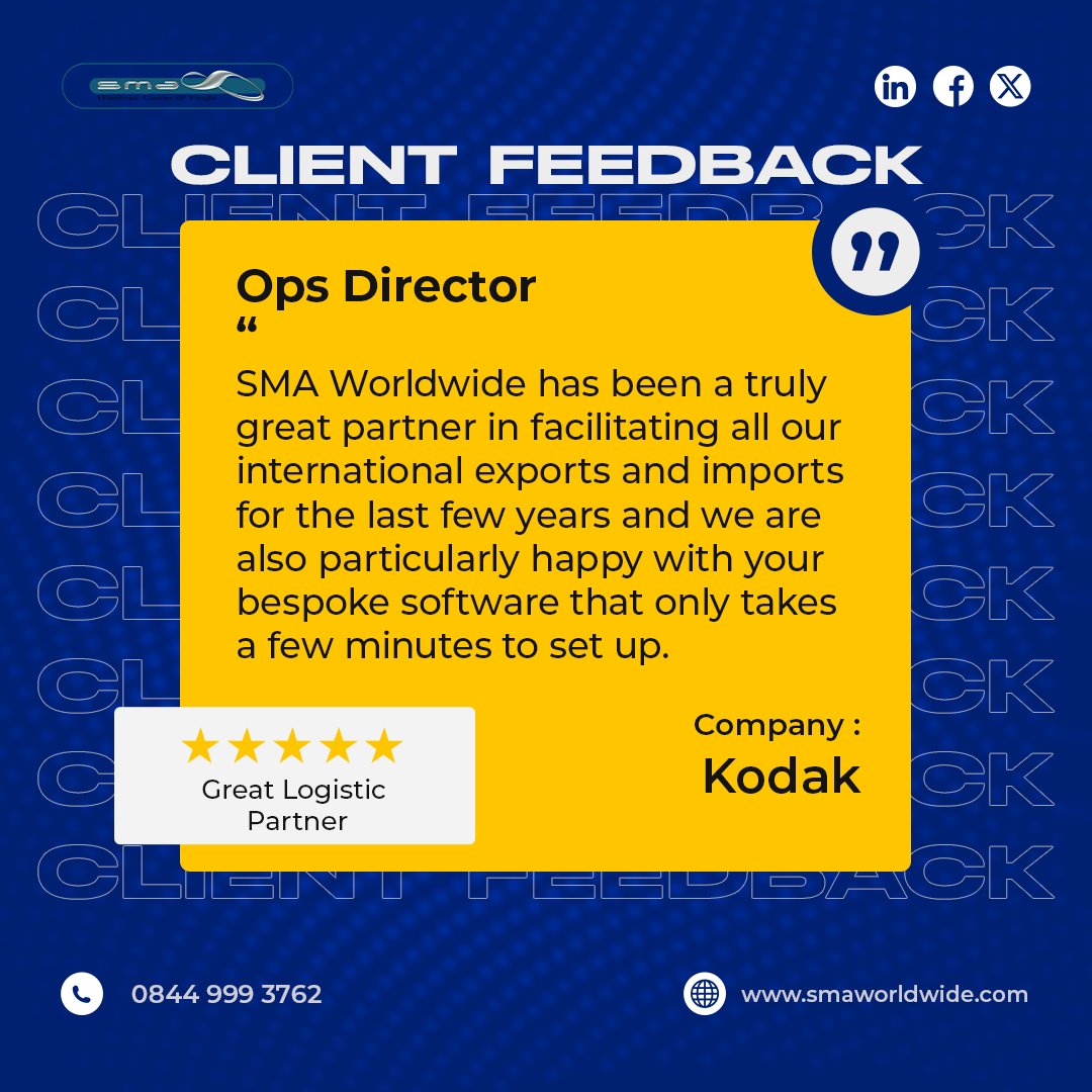 SMAWorldwideLtd's tweet image. Great Logistics Partner! 🌟🌟🌟🌟🌟

Proud to receive such positive feedback! we’re dedicated to making every delivery smooth and reliable.

Thank you for choosing us!

#ClientFeedback #LogisticsPartner #SMAWorldwide