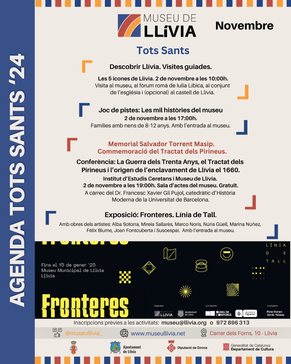 Per Tots Sants viu la història de Llívia al Museu! Dissabte 2, el Museu Llívia ha preparat una jornada especial amb activitats per a tots els gustos:
10h 𝗗𝗲𝘀𝗰𝗼𝗯𝗿𝗶𝗿 𝗟𝗹𝗶́𝘃𝗶𝗮
17h 𝗝𝗼𝗰 𝗱𝗲 𝗣𝗶𝘀𝘁𝗲𝘀
19h 𝗠𝗲𝗺𝗼𝗿𝗶𝗮𝗹 𝗦𝗮𝗹𝘃𝗮𝗱𝗼𝗿 𝗧𝗼𝗿𝗿𝗲𝗻𝘁 𝗠𝗮𝘀𝗶𝗽